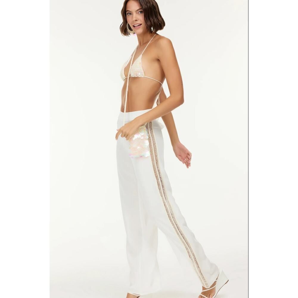 MYBEACHYSIDE Begonia White Beaded Cover-Up Wide-Leg Pants - Size M - NWT